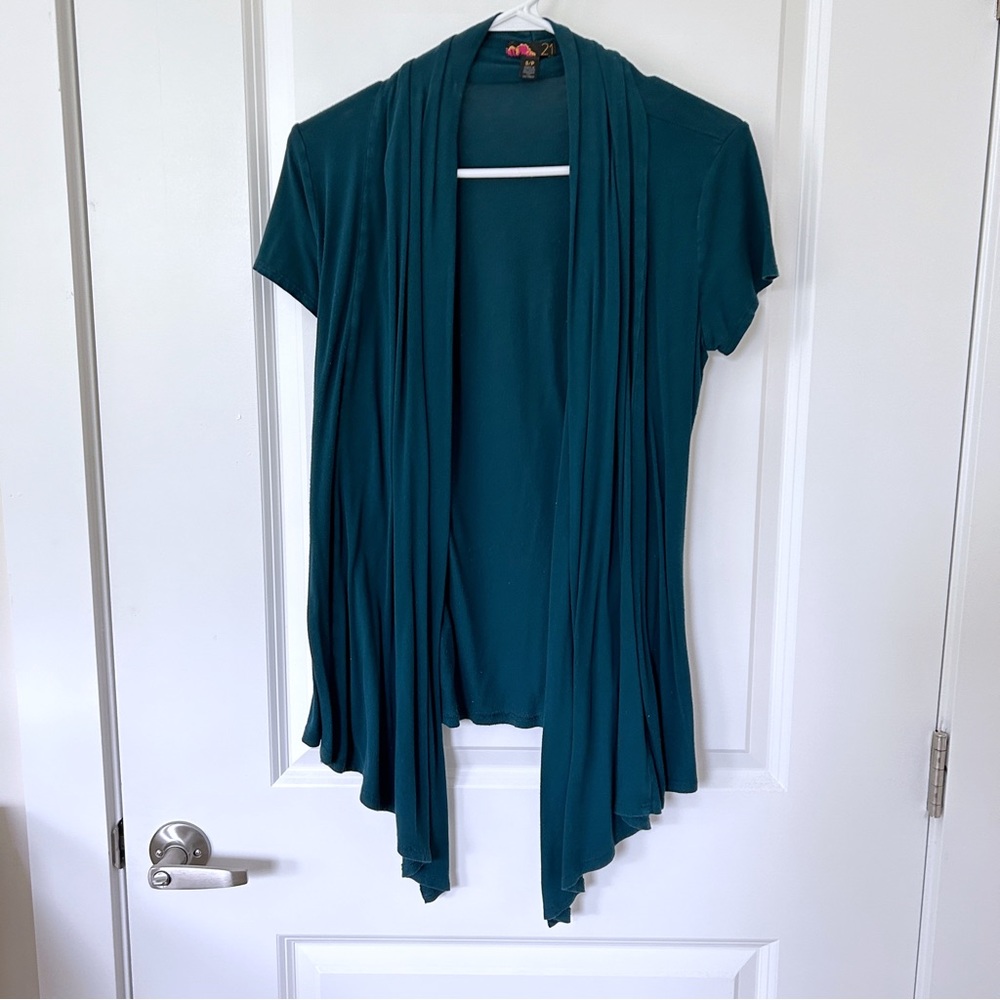 Forever 22 open front short sleeve teal blue jersey knit cardigan, size small